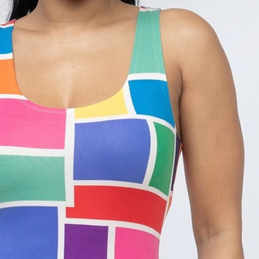 TANK TOP MULTI COLORFUL COLOR BLOCK FITTED BODYCON MIDI DRESS - Picture 3 of 8